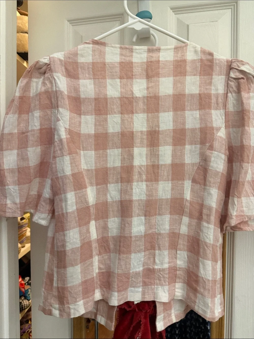 Reformation Pink and White Gingham Puff Sleeve top Red velvet Ribbon Front Ties